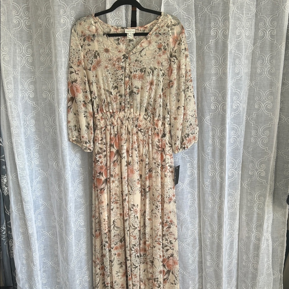Enfocus Studio Cream and Pink Floral Long Sleeve Dress
